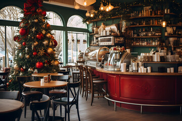 Elevate Your Holiday Spirit with a Captivating Image of a Christmas Decoration Coffee Shop: Cozy Seating, Aromatic Blends, and a Grand Christmas Tree Stealing the Spotlight
