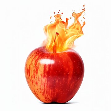 Red apple on fire, isolated on white, concept image, environmental and global warming climate change. Generative AI
