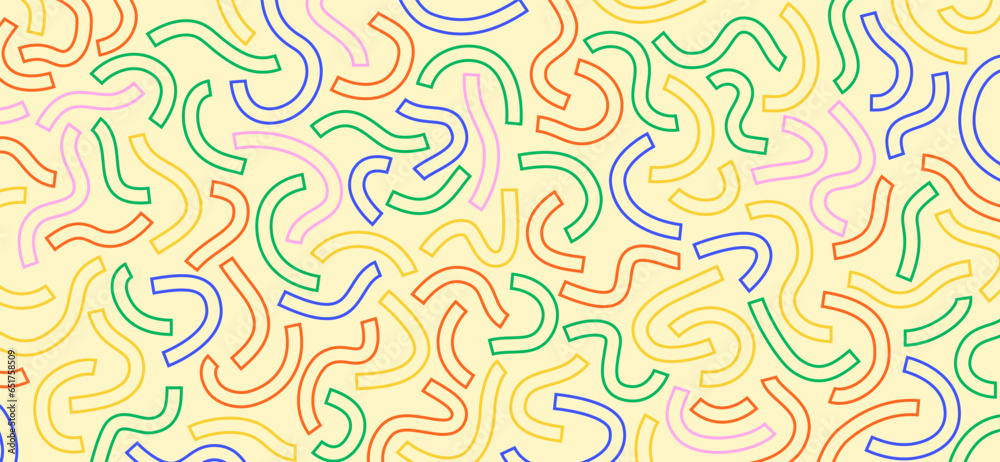 Poster colorful doodle pattern. funny vibrant pattern. colorful outline curved lines isolated on yellow bac