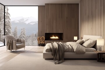 Cozy Home Interior with Luxurious Furniture and Relaxing Atmosphere and Winter Mountain Views and Firreplace