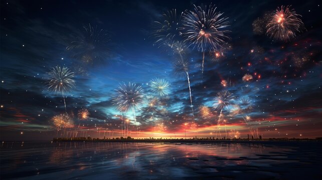 Colorful fireworks on the night sky with city skyline background celebrated new year generated with AI