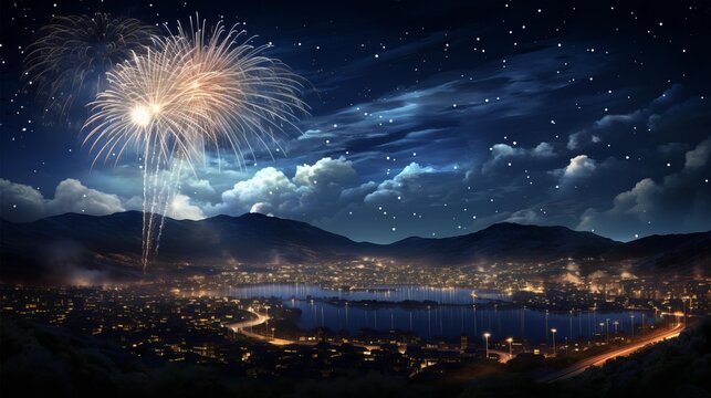 Colorful fireworks on the night sky with city skyline background celebrated new year generated with AI