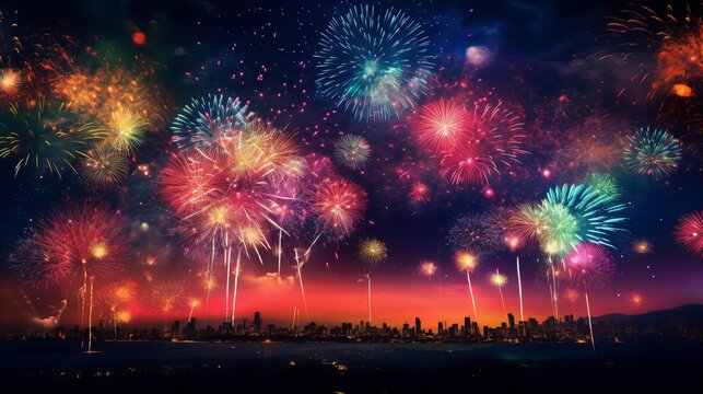 Colorful fireworks on the night sky with city skyline background celebrated new year generated with AI