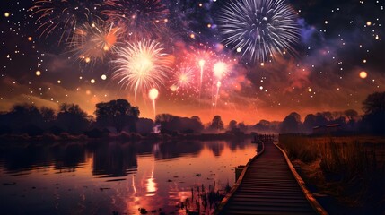 Colorful fireworks on the night sky with city skyline background celebrated new year generated with AI
