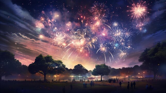 Colorful fireworks on the night sky with city skyline background celebrated new year generated with AI