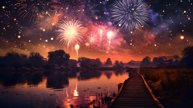 Colorful fireworks on the night sky with city skyline background celebrated new year generated with AI