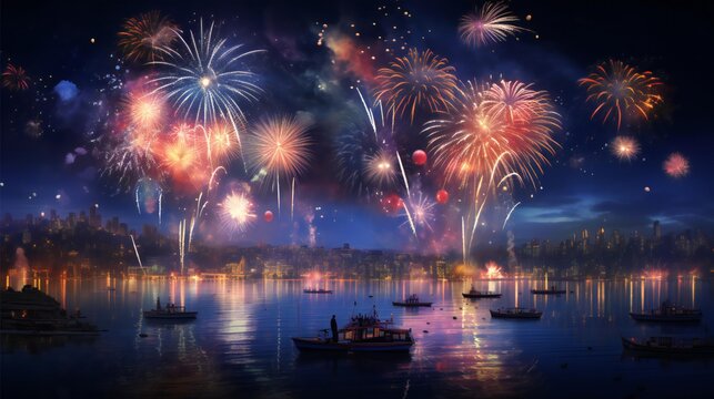 Colorful fireworks on the night sky with city skyline background celebrated new year generated with AI