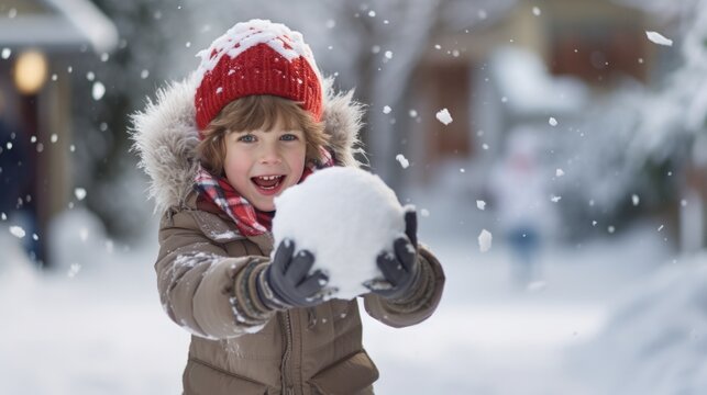 Children have fun playing snowballs in winter.