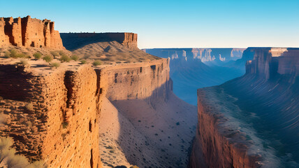 Fototapeta na wymiar Share the grandeur of a serene, rocky desert canyon with dramatic, towering walls.