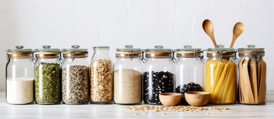 Various grains cereals and pasta in glass jars on a wooden table along with kitchen utensils...