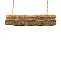 a wooden log hanging from a rope that says