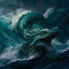 It is my charge to claim the waves I am patient calm and unphased Sea serpent they call me yet I am more Boiling breath blasts brazened fools A thousand leagues long a million years old I am patient  - obrazy, fototapety, plakaty