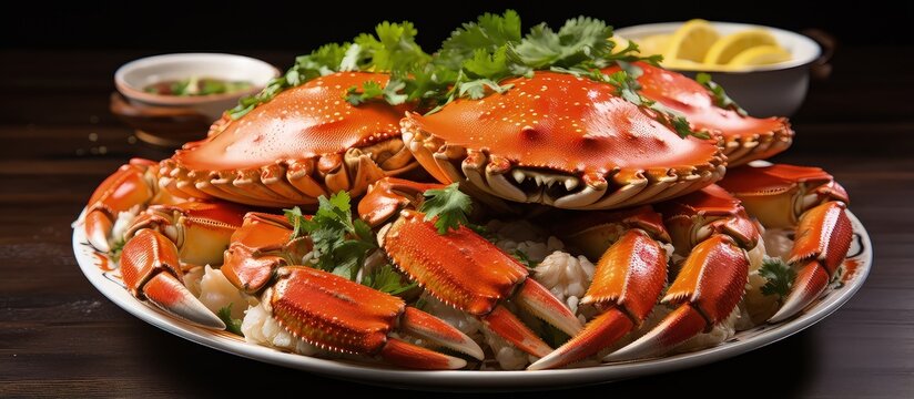 Restaurant serving fresh boiled or steamed red crab with herbs spices lemon and lime salad alongside seafood sauce on a white plate