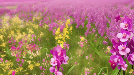 Obraz premium Vivid Symphony: A Mesmerizing Tapestry of Wild Orchids in Full Bloom Under the Open Sky