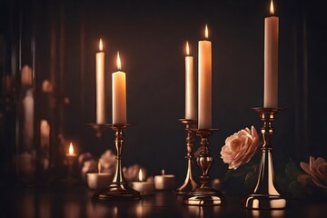 Burning candles on bronze candlestick against dark background at home. Vintage style. Calm romantic atmosphere. Horizontal image for design . 3D - obrazy, fototapety, plakaty