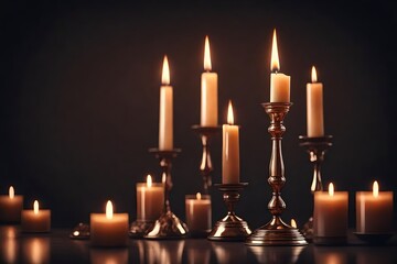Burning candles on bronze candlestick against dark background at home. Vintage style. Calm romantic atmosphere. Horizontal image for design . 3D