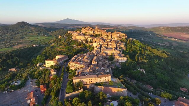 Tuscany, sunrise aerial view of the medieval town of Montepulciano, in the province of Siena, Italy