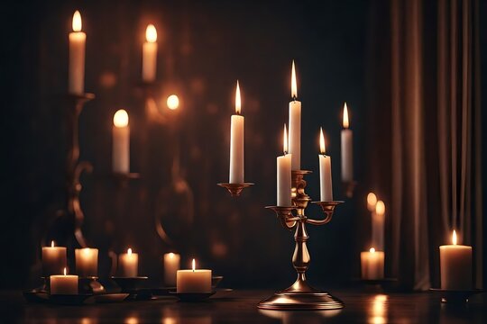 Burning candles on bronze candlestick against dark background at home. Vintage style. Calm romantic atmosphere. Horizontal image for design . 3D