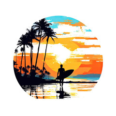 Surfer walking silhouette top of tropical beach white background, colorful vibrant AI Generated