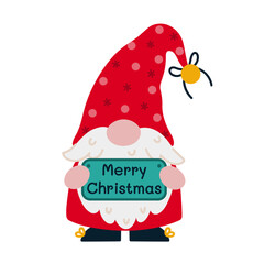 Cute holiday gnome vector illustration. A bearded elf is holding a sign with a wish for Merry Christmas. Santa Claus helper in a polka dot red stocking cap with a bell. Flat cartoon clipart for print