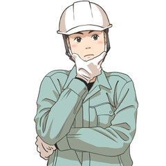 The facial expression of a male maintenance staff thinking something, wearing a safety helmet and gloves