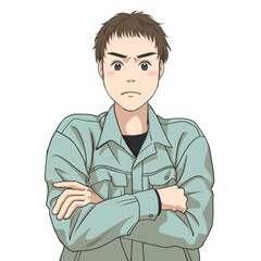 The facial expression of a male maintenance staff in a bad temper, with his arms crossed