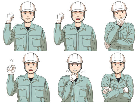 A set of various facial expressions of a male maintenance staff, wearing a safety helmet and gloves
