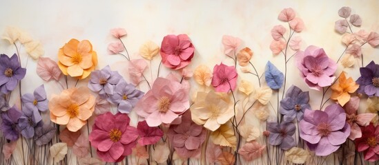 Background with texture of handmade recycled paper or Mulberry paper adorned with flowers and leaves