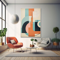 a bright modern living room with abstract shapes