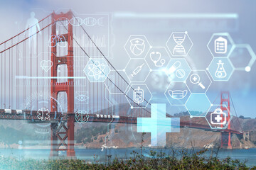 The iconic view of the Golden Gate Bridge from South side at day time, San Francisco, California, United States. Health care digital medicine hologram. The concept of treatment and disease prevention