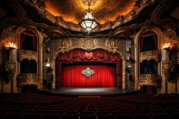 An empty theater. The stage is adorned with a rich red curtain, framed by ornate gold accents, large chandelier