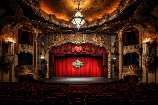 An Empty Theater. The Stage Is Adorned With A Rich Red Curtain, Framed By Ornate Gold Accents, Large Chandelier