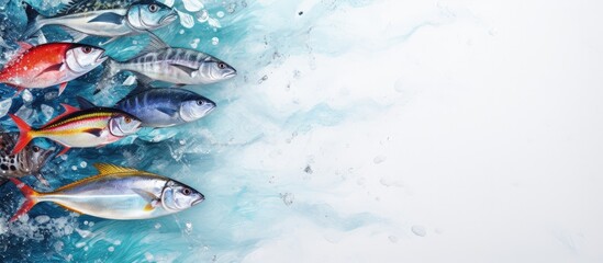 Fresh fish and seafood topped with ice in store and seen from above