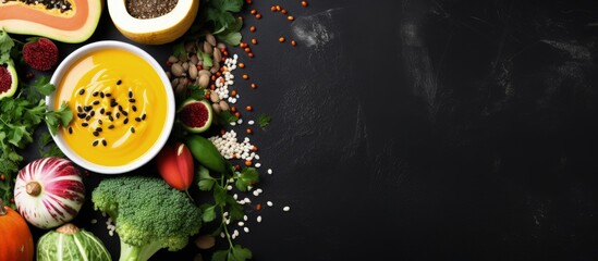 Obraz na płótnie Canvas Vegan dinner with pumpkin soup salad vegetables fruits and lentils on rustic black chalkboard background