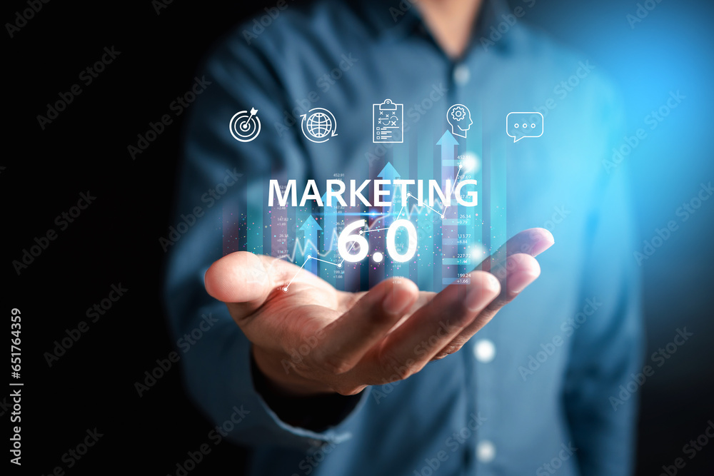 Poster Businessman with Marketing 6.0 on digital business using ai tech and data analytics with IOT Connecting blockchain online marketing strategy planning concept.