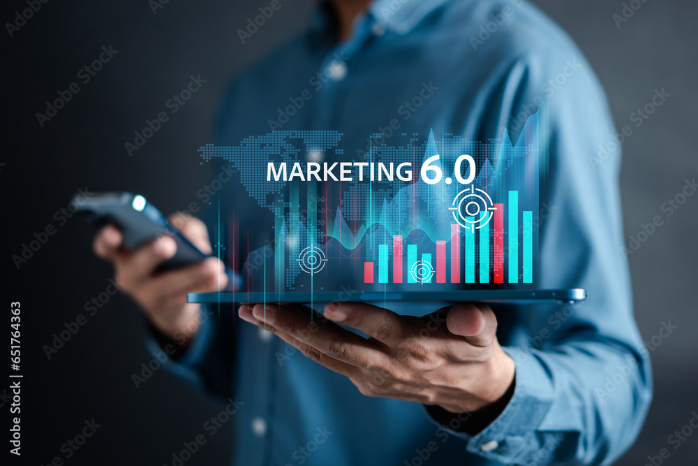 Aufkleber Businessman with Marketing 6.0 on digital business using ai tech and data analytics with IOT Connecting blockchain online marketing strategy planning concept.