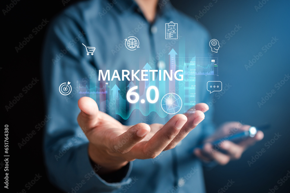 Poster Businessman with Marketing 6.0 on digital business using ai tech and data analytics with IOT Connecting blockchain online marketing strategy planning concept.