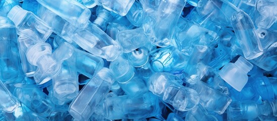 Pile of diced blue plastic bottles Overhead perspective Up close