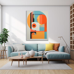 a bright modern living room with abstract shapes