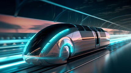 Fast futuristic bullet train or hyperloop ultrasonic train cabsul as wide banner with copy space