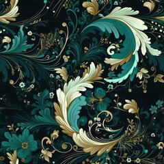 Natural embroidery fantasy rococo flowing seamless pattern, AI Generated