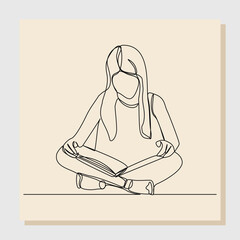 Continuous line drawing child cute little girl sitting and read a book. Single line concept of education. Vector illustration