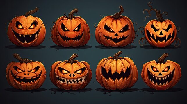 Image with various Halloween pumpkins on a black background.
