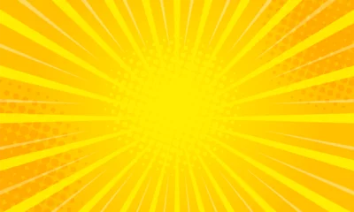 Gordijnen sunburst background pop art yellow comics book cartoon, Vector halftone illustration © maxdesign202