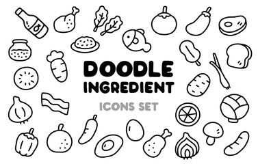 Cute Doodle Spicy Ingredient Foods Hand-drawn Line Art Black and White Color Icons Collection Set for Lovely Kids Meals Cooking.