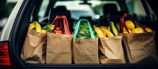 Four eco friendly bags filled with groceries in the car