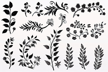 Hand drawn branches and flowers illustration, whimsical magic stenciled iconography AI Generated - obrazy, fototapety, plakaty