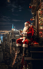 Santa Claus sitting on a window of a building in the night, watching over a city, with gifts around