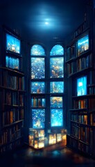 the blue library view from afar window view glowing starlight hyperreal ultra detailed photorealistic HD no blur 