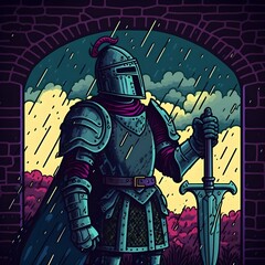 Knight castle background raining comic style vapor wave style v4 